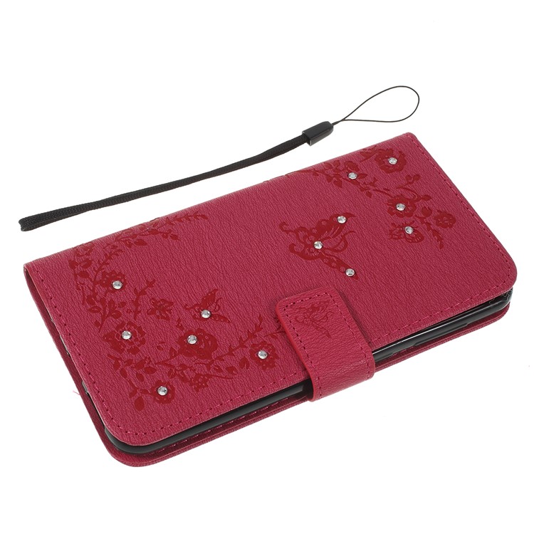 For Samsung Galaxy A30 / A20 Imprinted Butterfly Flowers Rhinestone Flip Wallet Leather Stand Phone Case - Rose-5