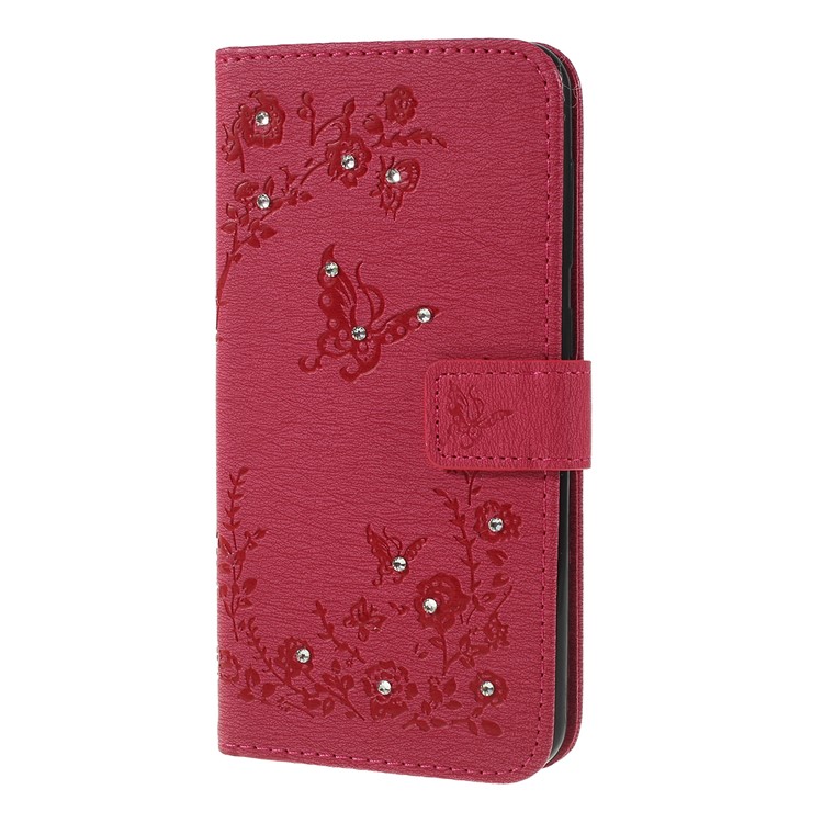 For Samsung Galaxy A30 / A20 Imprinted Butterfly Flowers Rhinestone Flip Wallet Leather Stand Phone Case - Rose-6