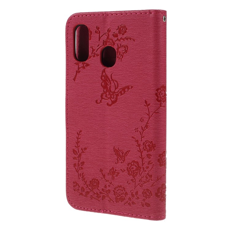 For Samsung Galaxy A30 / A20 Imprinted Butterfly Flowers Rhinestone Flip Wallet Leather Stand Phone Case - Rose-7