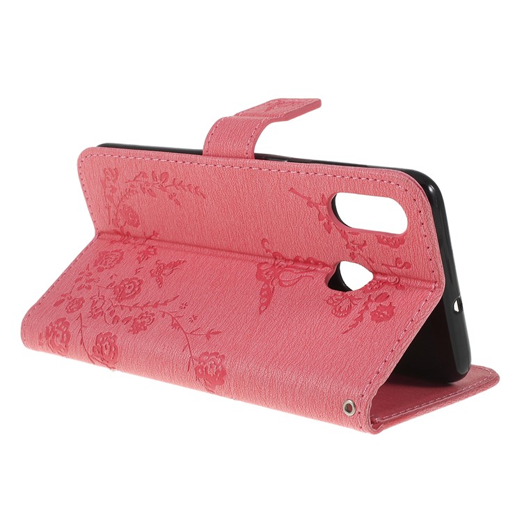 For Samsung Galaxy A30 / A20 Imprinted Butterfly Flowers Rhinestone Flip Wallet Leather Stand Phone Case - Pink-3