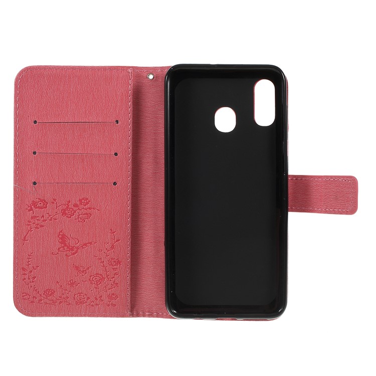 For Samsung Galaxy A30 / A20 Imprinted Butterfly Flowers Rhinestone Flip Wallet Leather Stand Phone Case - Pink-4