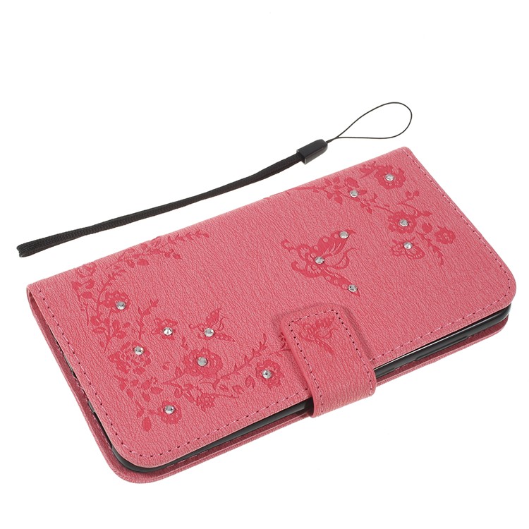 For Samsung Galaxy A30 / A20 Imprinted Butterfly Flowers Rhinestone Flip Wallet Leather Stand Phone Case - Pink-5