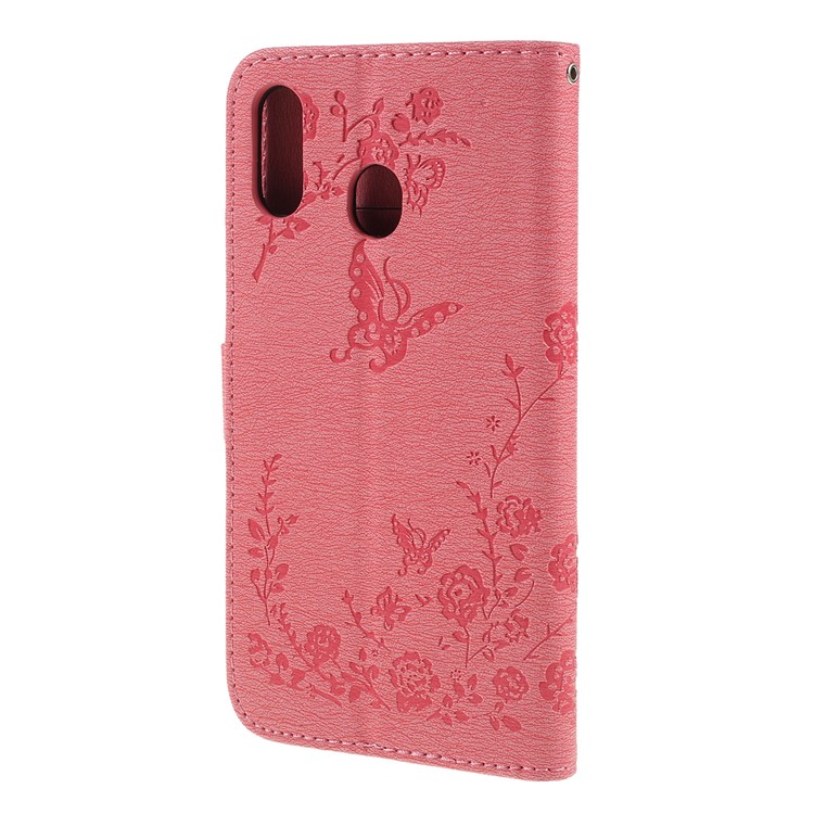 For Samsung Galaxy A30 / A20 Imprinted Butterfly Flowers Rhinestone Flip Wallet Leather Stand Phone Case - Pink-7