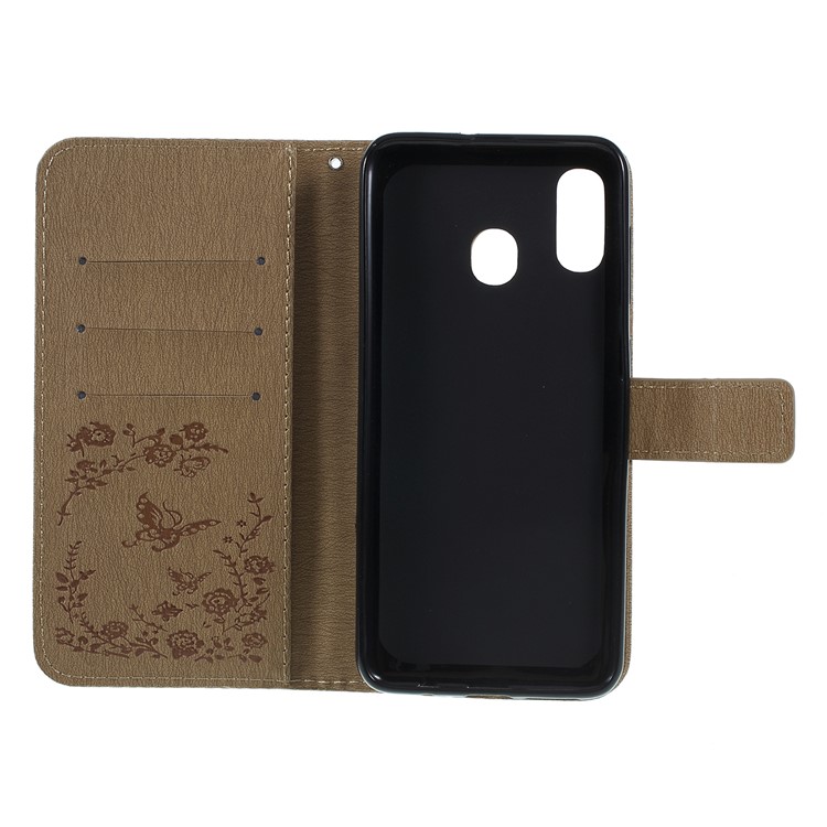 For Samsung Galaxy A30 / A20 Imprinted Butterfly Flowers Rhinestone Flip Wallet Leather Stand Phone Case - Brown-4