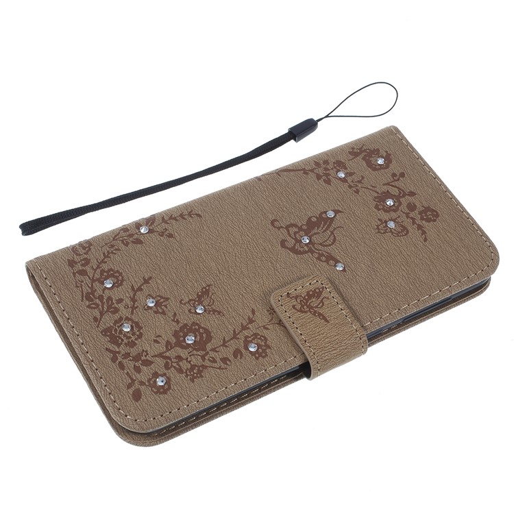 For Samsung Galaxy A30 / A20 Imprinted Butterfly Flowers Rhinestone Flip Wallet Leather Stand Phone Case - Brown-5