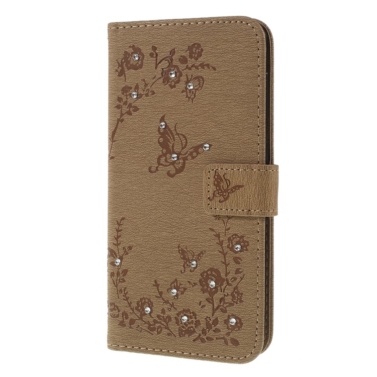 For Samsung Galaxy A30 / A20 Imprinted Butterfly Flowers Rhinestone Flip Wallet Leather Stand Phone Case - Brown-6