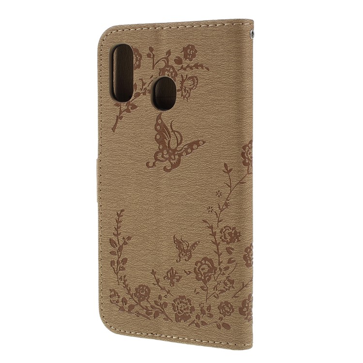 For Samsung Galaxy A30 / A20 Imprinted Butterfly Flowers Rhinestone Flip Wallet Leather Stand Phone Case - Brown-7