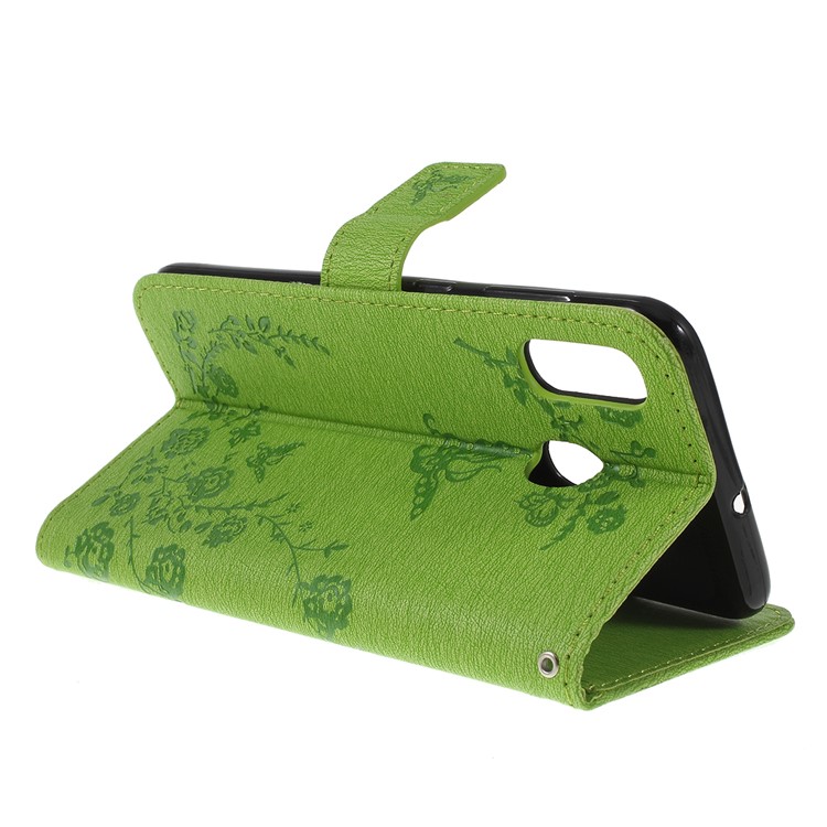 For Samsung Galaxy A30 / A20 Imprinted Butterfly Flowers Rhinestone Flip Wallet Leather Stand Phone Case - Green-3