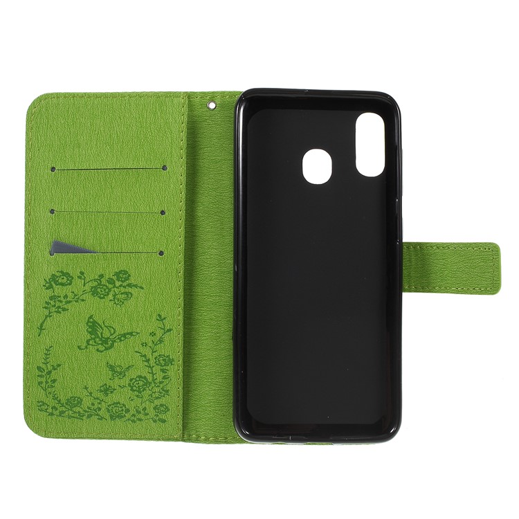 For Samsung Galaxy A30 / A20 Imprinted Butterfly Flowers Rhinestone Flip Wallet Leather Stand Phone Case - Green-4