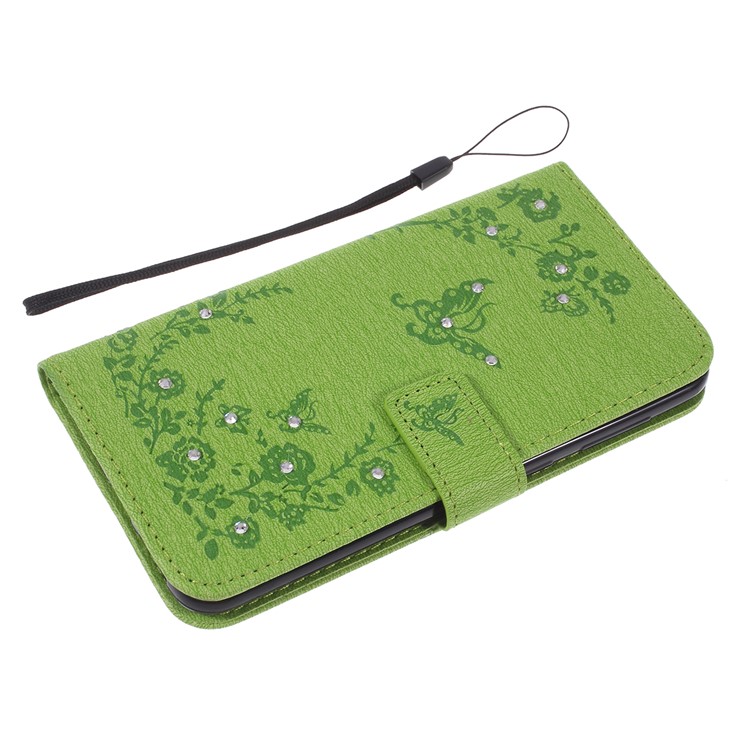 For Samsung Galaxy A30 / A20 Imprinted Butterfly Flowers Rhinestone Flip Wallet Leather Stand Phone Case - Green-5