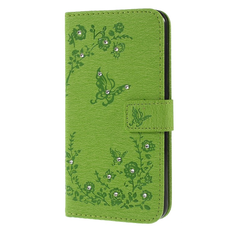 For Samsung Galaxy A30 / A20 Imprinted Butterfly Flowers Rhinestone Flip Wallet Leather Stand Phone Case - Green-6