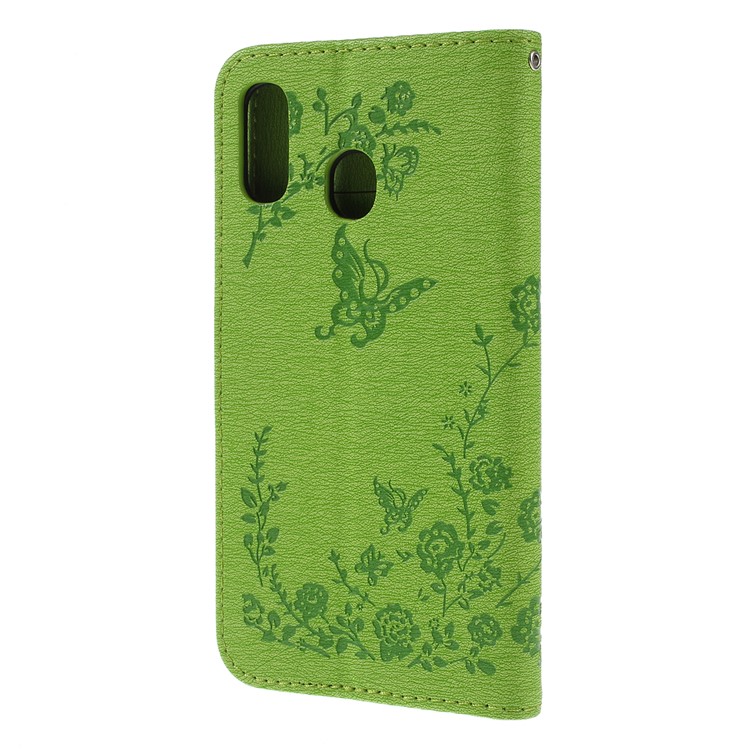 For Samsung Galaxy A30 / A20 Imprinted Butterfly Flowers Rhinestone Flip Wallet Leather Stand Phone Case - Green-7