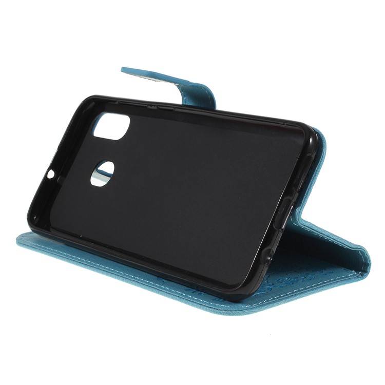 Para Samsung Galaxy A30 / A20 Impreso Mariposa Flores Rhinestone Flip Billetera Soporte De Cuero Caja Del Teléfono - Azul-2