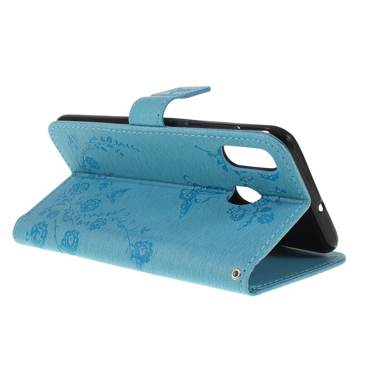 Para Samsung Galaxy A30 / A20 Impreso Mariposa Flores Rhinestone Flip Billetera Soporte De Cuero Caja Del Teléfono - Azul-3