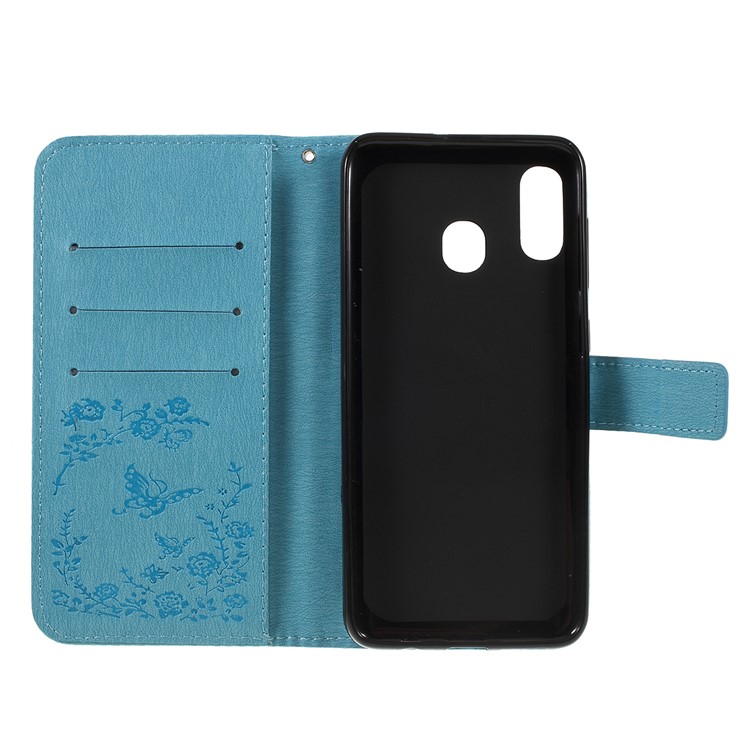 Para Samsung Galaxy A30 / A20 Impreso Mariposa Flores Rhinestone Flip Billetera Soporte De Cuero Caja Del Teléfono - Azul-4