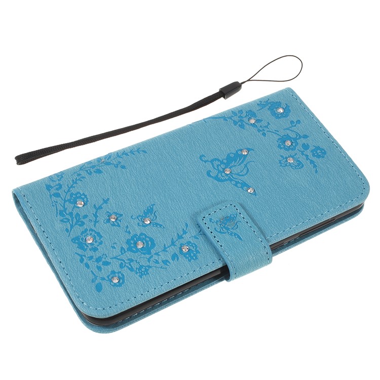 Para Samsung Galaxy A30 / A20 Impreso Mariposa Flores Rhinestone Flip Billetera Soporte De Cuero Caja Del Teléfono - Azul-5