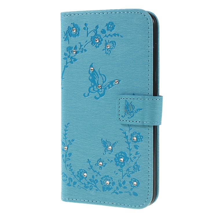 Para Samsung Galaxy A30 / A20 Impreso Mariposa Flores Rhinestone Flip Billetera Soporte De Cuero Caja Del Teléfono - Azul-6