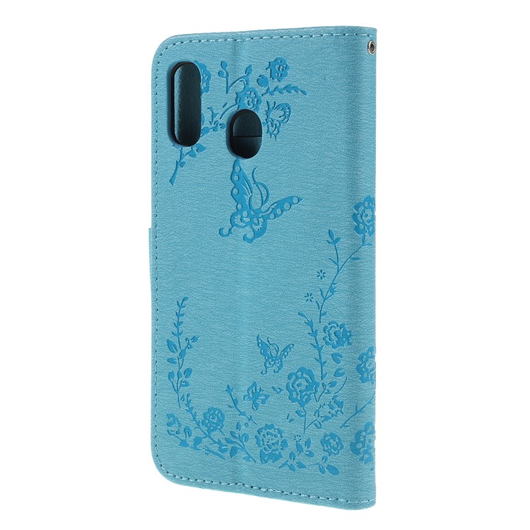 Para Samsung Galaxy A30 / A20 Impreso Mariposa Flores Rhinestone Flip Billetera Soporte De Cuero Caja Del Teléfono - Azul-7