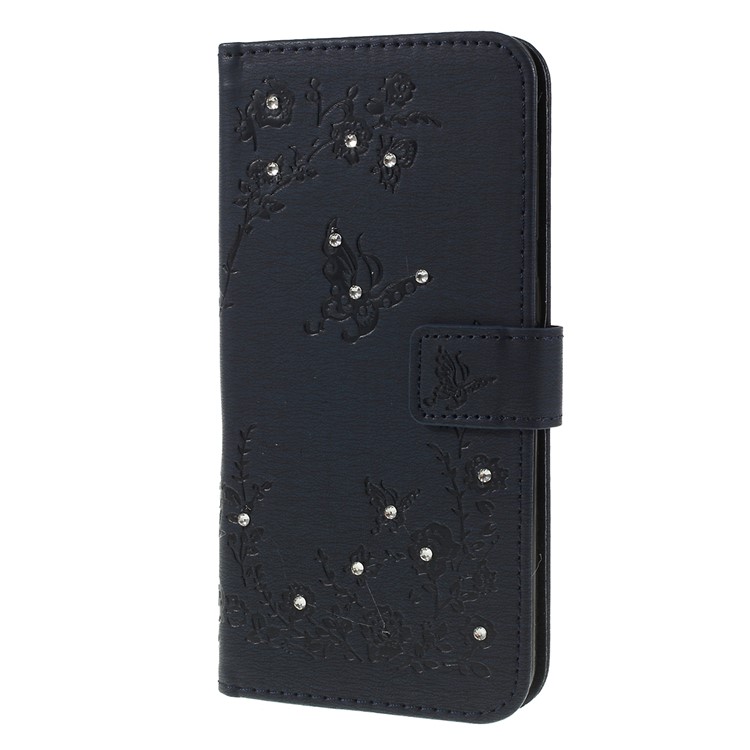 For Samsung Galaxy A30 / A20 Imprinted Butterfly Flowers Rhinestone Flip Wallet Leather Stand Phone Case - Black-6