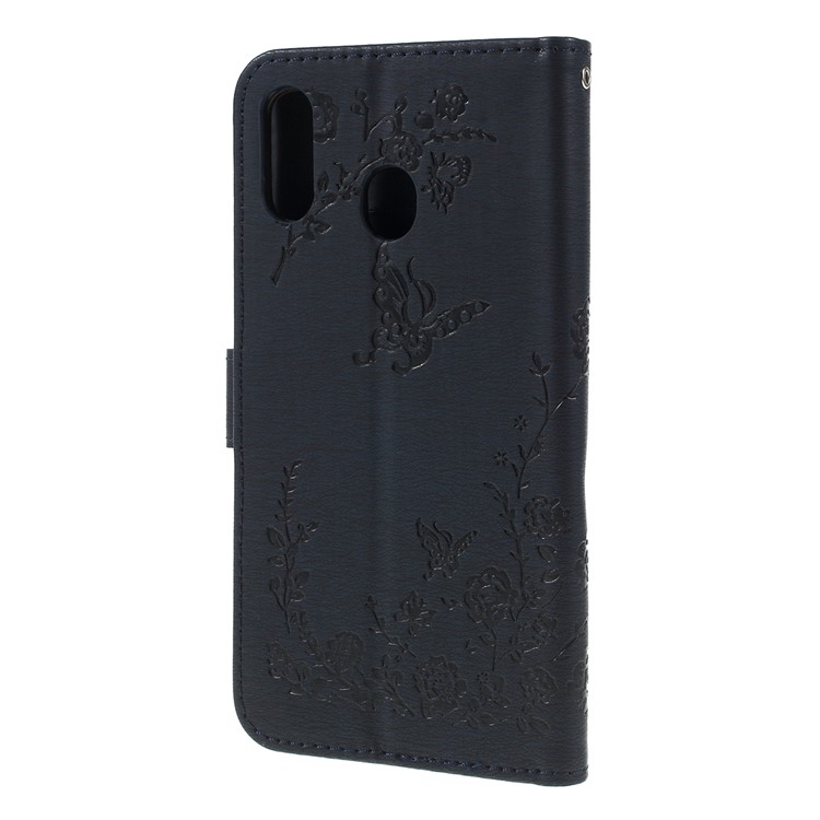 For Samsung Galaxy A30 / A20 Imprinted Butterfly Flowers Rhinestone Flip Wallet Leather Stand Phone Case - Black-7