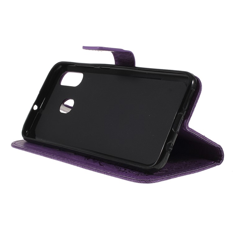 For Samsung Galaxy A30 / A20 Imprinted Butterfly Flowers Rhinestone Flip Wallet Leather Stand Phone Case - Purple-2