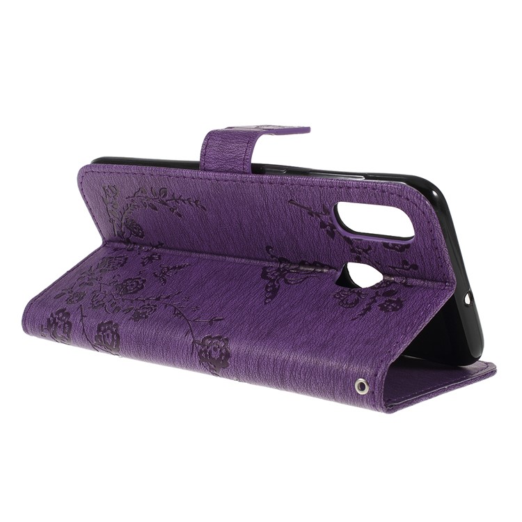 For Samsung Galaxy A30 / A20 Imprinted Butterfly Flowers Rhinestone Flip Wallet Leather Stand Phone Case - Purple-3