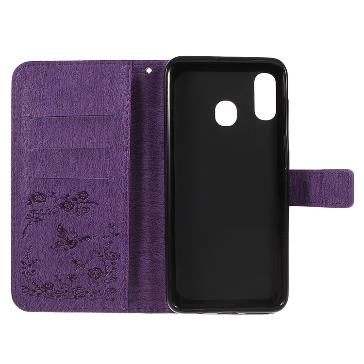 For Samsung Galaxy A30 / A20 Imprinted Butterfly Flowers Rhinestone Flip Wallet Leather Stand Phone Case - Purple-4