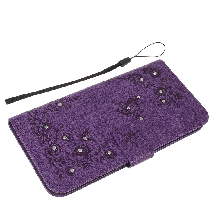For Samsung Galaxy A30 / A20 Imprinted Butterfly Flowers Rhinestone Flip Wallet Leather Stand Phone Case - Purple-5