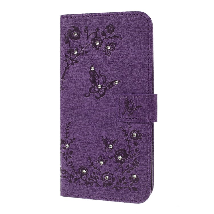 For Samsung Galaxy A30 / A20 Imprinted Butterfly Flowers Rhinestone Flip Wallet Leather Stand Phone Case - Purple-6
