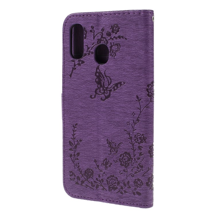For Samsung Galaxy A30 / A20 Imprinted Butterfly Flowers Rhinestone Flip Wallet Leather Stand Phone Case - Purple-7