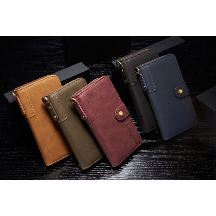 Retro Style Split Leather Wallet Stand Phone Flip Case with Strap for Samsung Galaxy S10e - Black-9