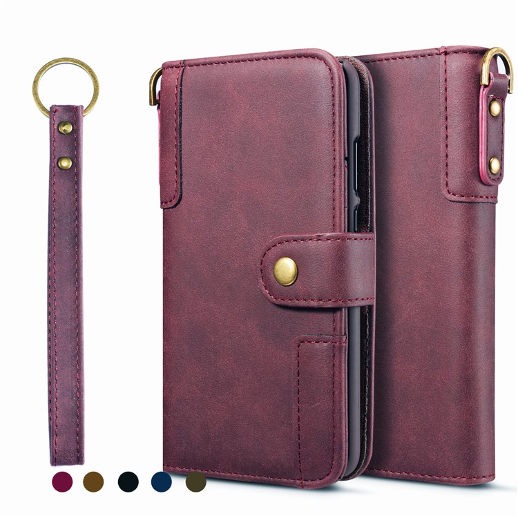 Retro Style Split Leather Wallet Stand Phone Flip Case with Strap for Samsung Galaxy S10e - Wine Red-1