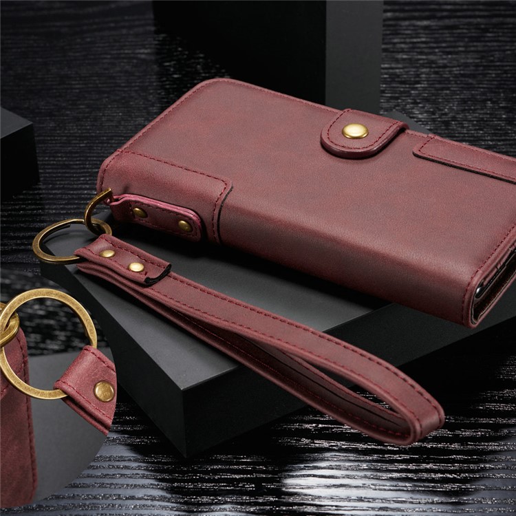 Retro Style Split Leather Wallet Stand Phone Flip Case with Strap for Samsung Galaxy S10e - Wine Red-10