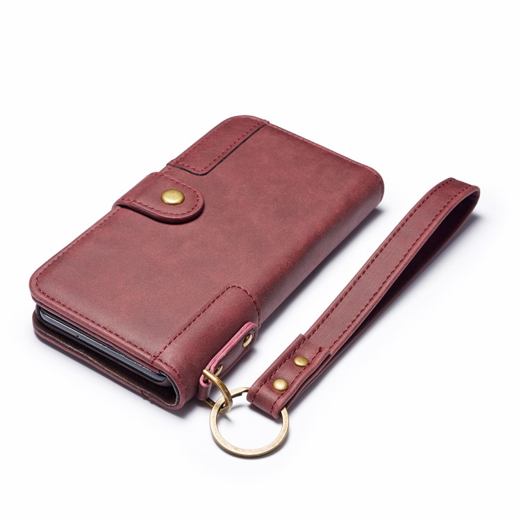 Retro Style Split Leather Wallet Stand Phone Flip Case with Strap for Samsung Galaxy S10e - Wine Red-7