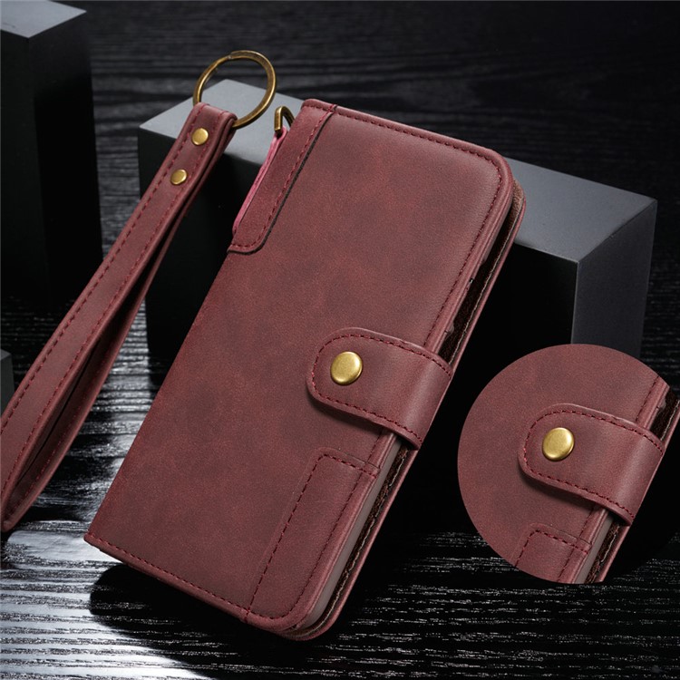 Retro Style Split Leather Wallet Stand Phone Flip Case with Strap for Samsung Galaxy S10e - Wine Red-8