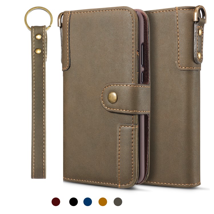 Retro Style Split Leather Wallet Stand Phone Flip Case with Strap for Samsung Galaxy S10e - Army Green-1
