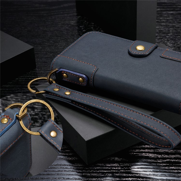 Retro Style Split Leather Wallet Stand Phone Flip Case with Strap for Samsung Galaxy S10e - Blue-9