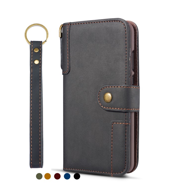 Retro Style Split Leather Wallet Stand Phone Case Flip Shell with Strap for Samsung Galaxy S10 Plus - Black-3