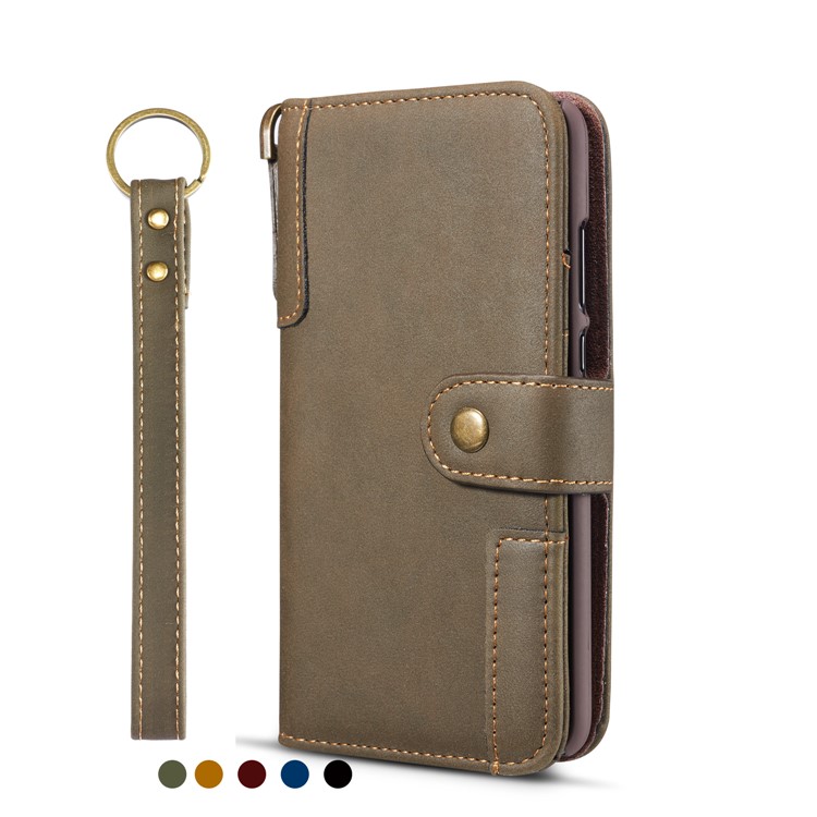 Retro Style Split Leather Wallet Stand Phone Case Flip Shell with Strap for Samsung Galaxy S10 Plus - Army Green-3