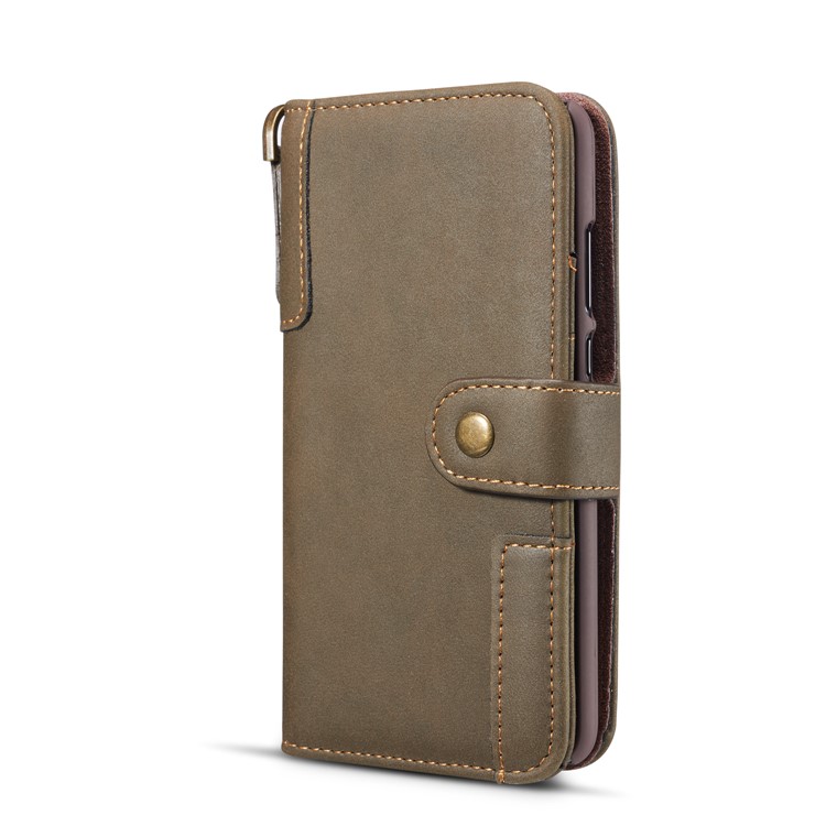 Retro Style Split Leather Wallet Stand Phone Case Flip Shell with Strap for Samsung Galaxy S10 Plus - Army Green-5