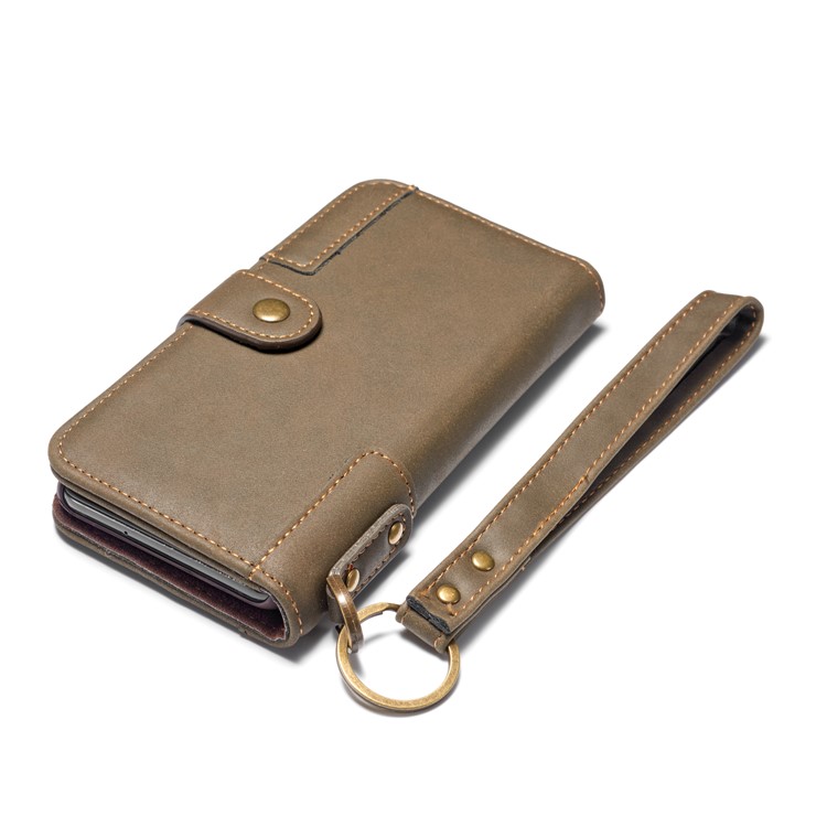 Retro Style Split Leather Wallet Stand Phone Case Flip Shell with Strap for Samsung Galaxy S10 Plus - Army Green-7