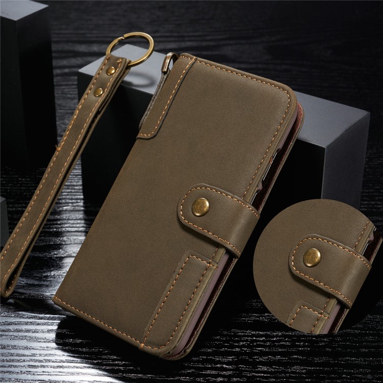 Retro Style Split Leather Wallet Stand Phone Case Flip Shell with Strap for Samsung Galaxy S10 Plus - Army Green-8