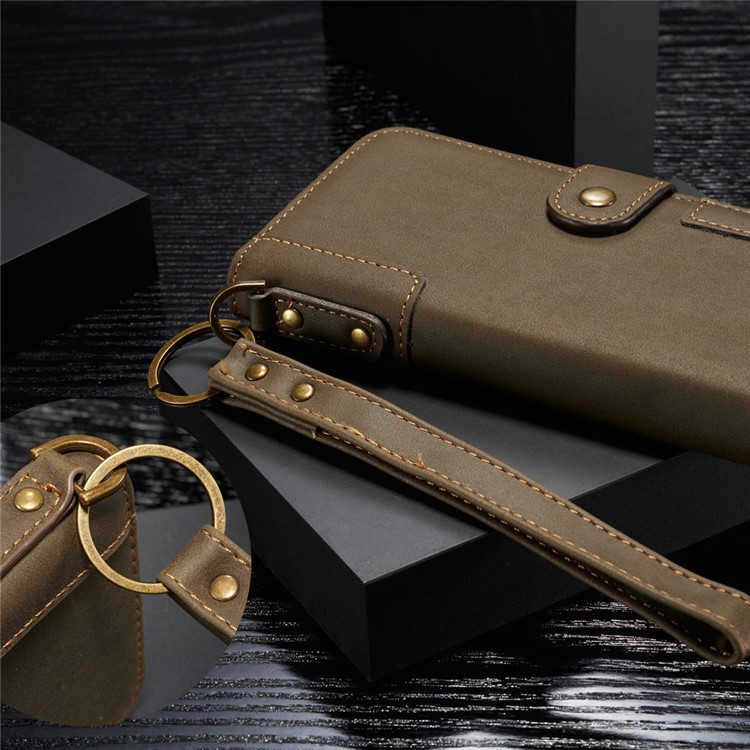 Retro Style Split Leather Wallet Stand Phone Case Flip Shell with Strap for Samsung Galaxy S10 Plus - Army Green-9
