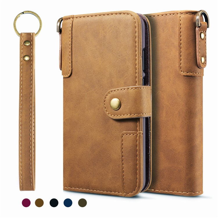 Retro Style Split Leather Wallet Stand Phone Case Flip Shell with Strap for Samsung Galaxy S10 Plus - Brown-1