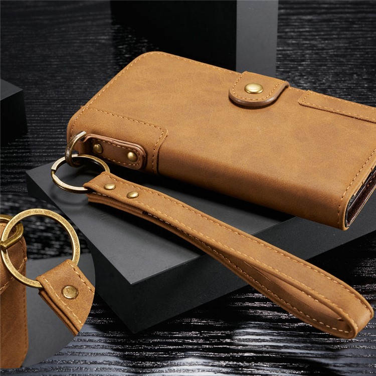 Retro Style Split Leather Wallet Stand Phone Case Flip Shell with Strap for Samsung Galaxy S10 Plus - Brown-10