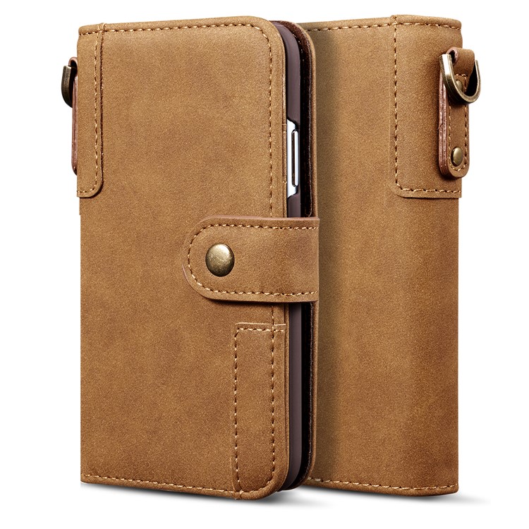 Retro Style Split Leather Wallet Stand Phone Case Flip Shell with Strap for Samsung Galaxy S10 Plus - Brown-2