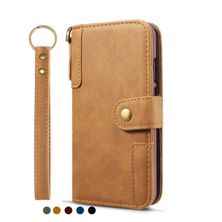 Retro Style Split Leather Wallet Stand Phone Case Flip Shell with Strap for Samsung Galaxy S10 Plus - Brown-3
