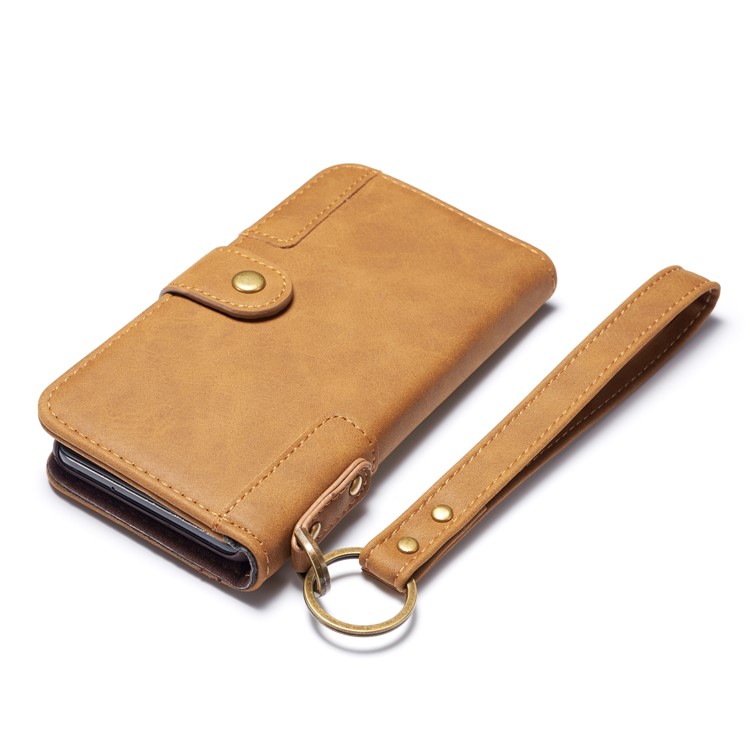Retro Style Split Leather Wallet Stand Phone Case Flip Shell with Strap for Samsung Galaxy S10 Plus - Brown-7