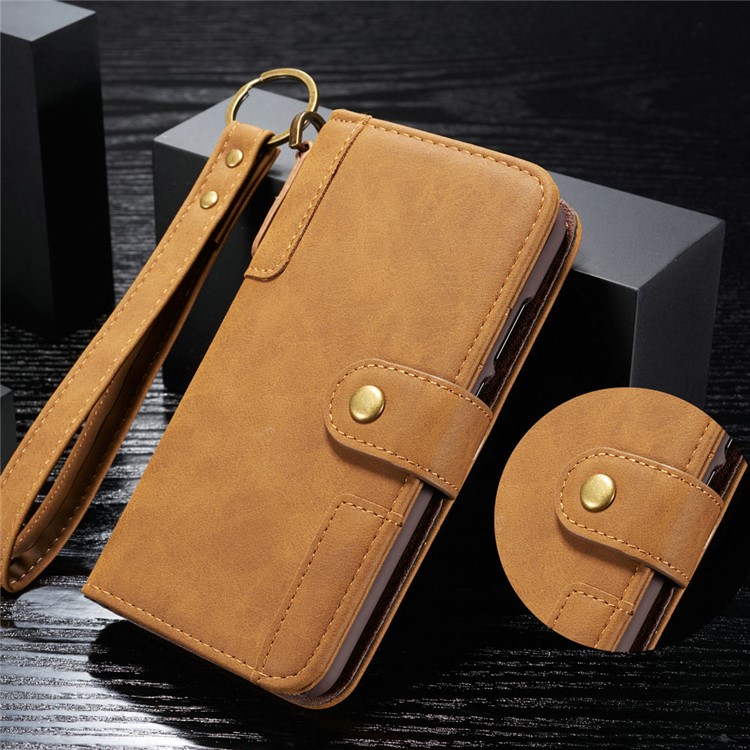 Retro Style Split Leather Wallet Stand Phone Case Flip Shell with Strap for Samsung Galaxy S10 Plus - Brown-8