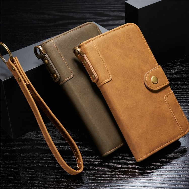 Retro Style Split Leather Wallet Stand Phone Case Flip Shell with Strap for Samsung Galaxy S10 Plus - Brown-9